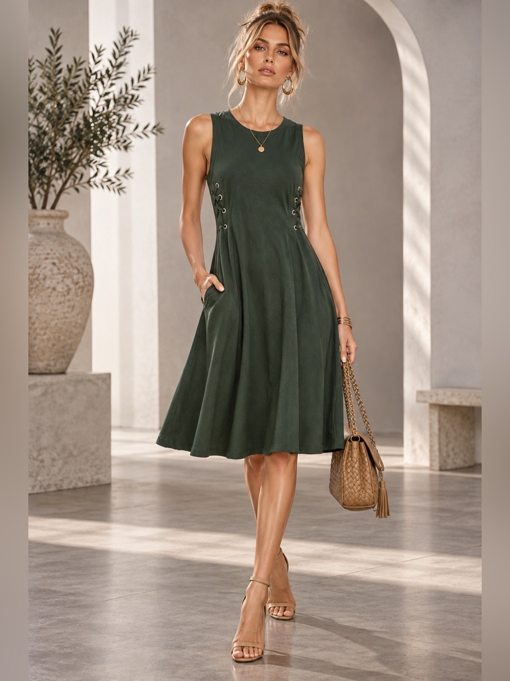 NM Neiman Marcus Dress S Olive Green Sleeveless Lace Up Grommet Swing Pockets